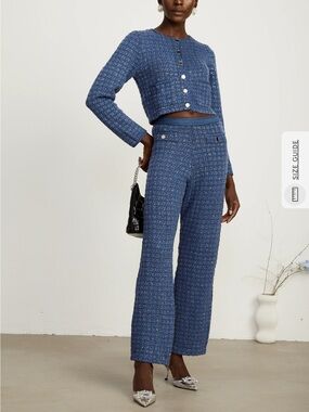 Textured Blue High-Rise Wide-Leg Pants